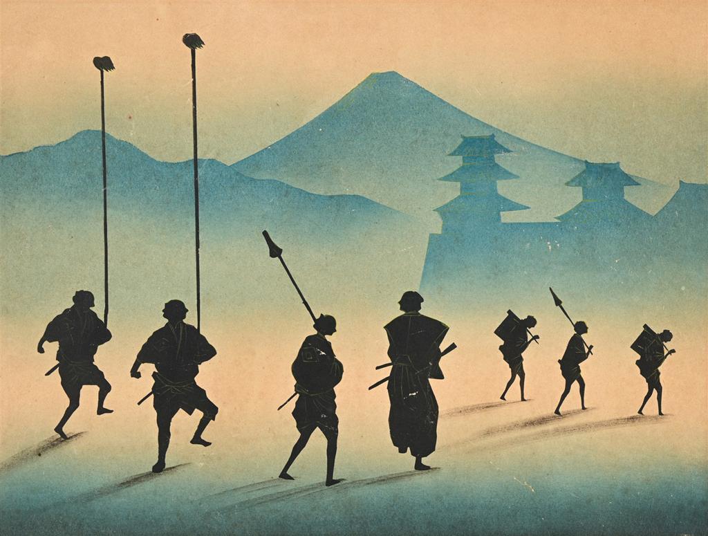 Japanse houtdruk met afbeelding van krijgers met speren,, Ophalen of Verzenden