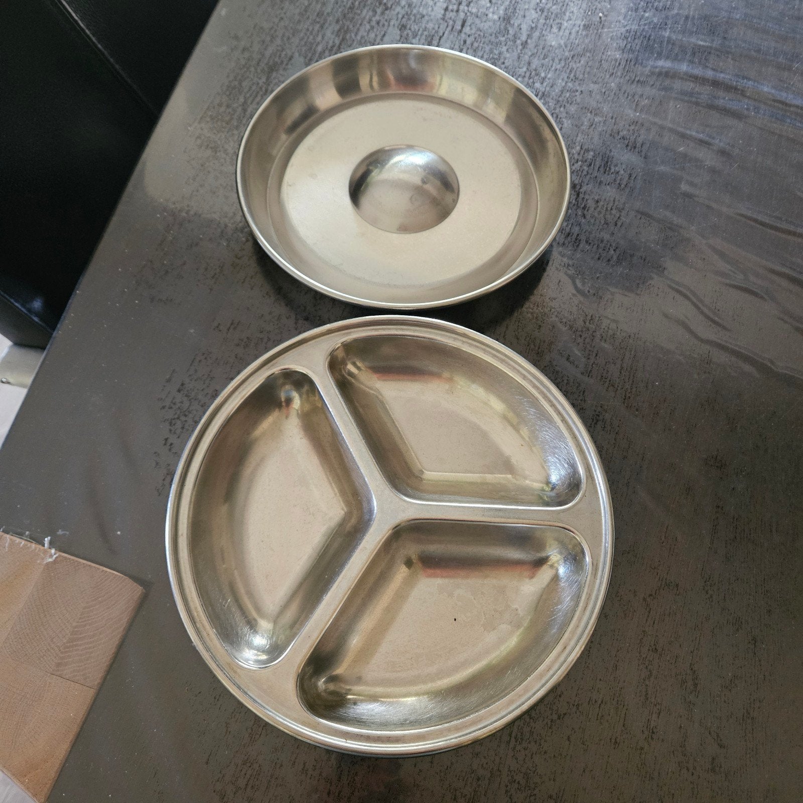 RVS 3vaks verdeel bord rond met deksel zware kwaliteit, Overige materialen, Gebruikt, Overige merken, Vintage