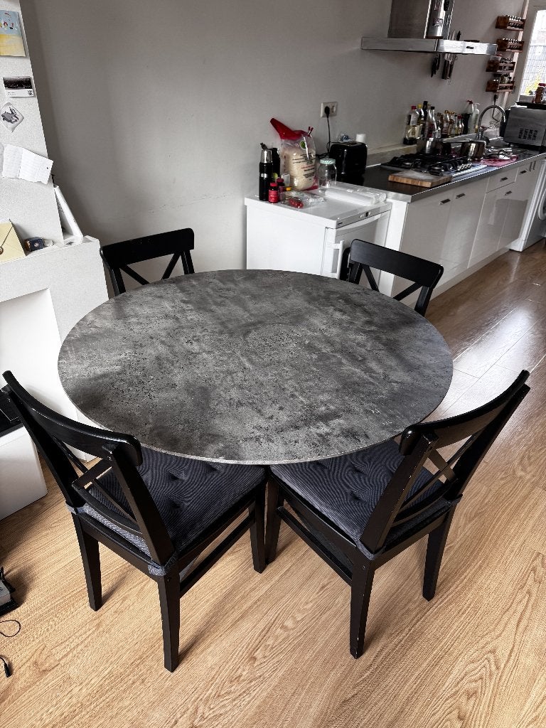 IKEA MARIEDAMM eettafel + 4 INGOLF stoelen set, Ophalen, Gebruikt, Rond, Overige houtsoorten