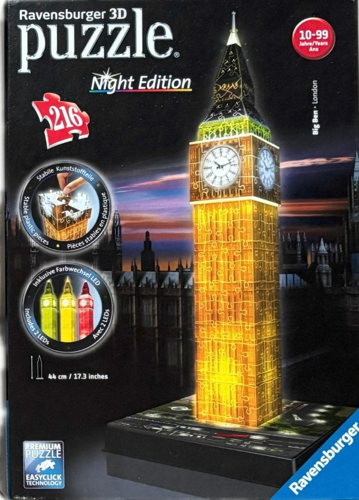 Ravensburger 3D puzzel Big Ben met licht, Ophalen of Verzenden, Minder dan 500 stukjes, Zo goed als nieuw, Rubik's of 3D-puzzel