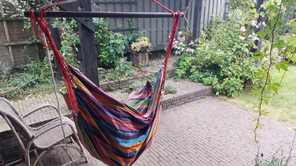 Hangstoel met twee bijpassende kussens, Tuin en Terras, Hangmatten, Ophalen, Gebruikt, Eenpersoons, Inklapbaar