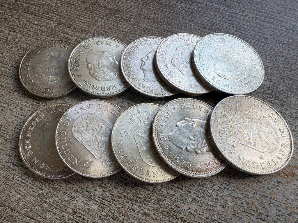 10 zilveren 10 gulden munten – 180 gram fijn zilver, Postzegels en Munten, Koningin Juliana, Setje, Zilver, Ophalen of Verzenden