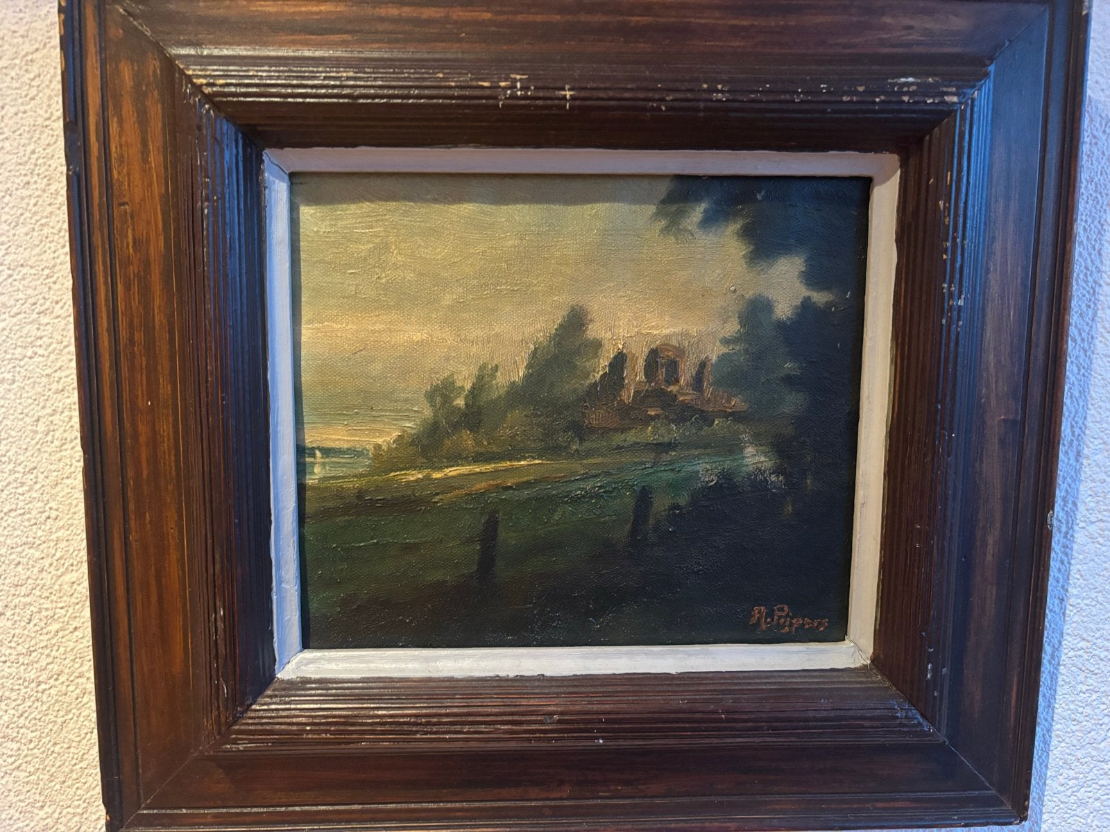 Klassiek Landschap Schilderij met Ruïne - Gesigneerd, Paneel, Ophalen of Verzenden, Gesigneerd, Landschap