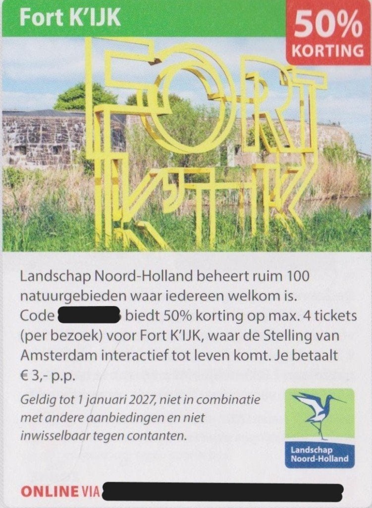 Fort K'IJK. Amsterdam. 50% korting. Postcodeloterij bon., Tickets en Kaartjes, Musea, Drie personen of meer, Kortingskaart