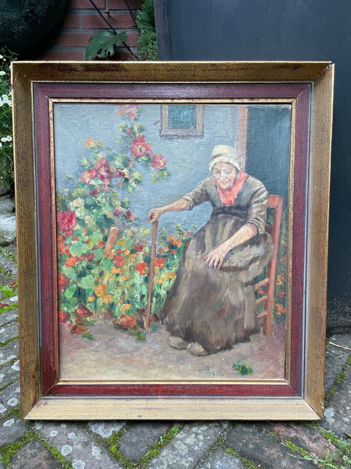 Olieverfschilderij 'Oude Vrouw in Tuin' door Froukje Wartena, Antiek en Kunst, Ophalen, Doek, Portret of Personen, Realistisch