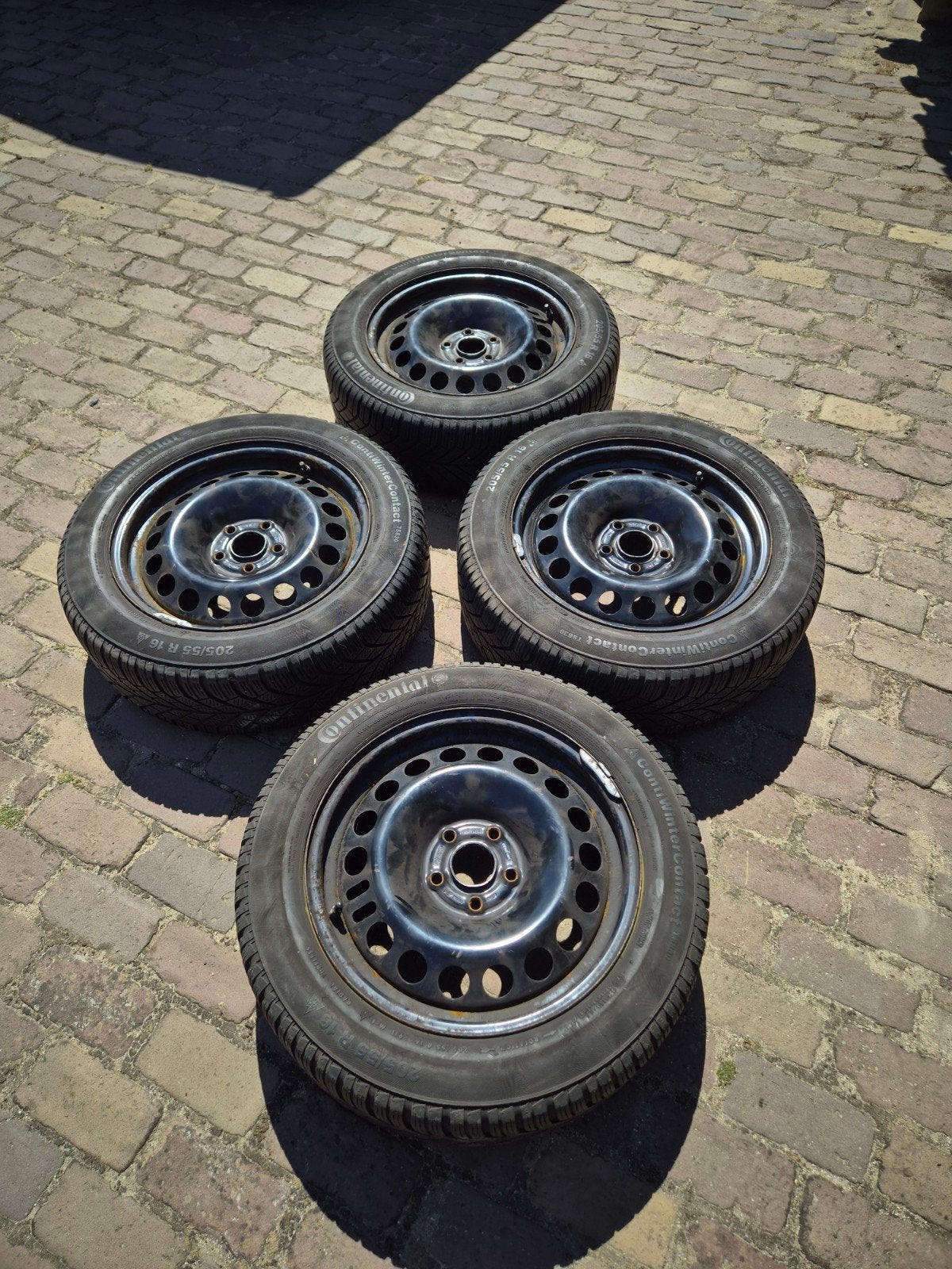 205/55 R16 5x110 Continental winterbanden op stalen velgen, Ophalen, Gebruikt, 16 inch, Banden en Velgen