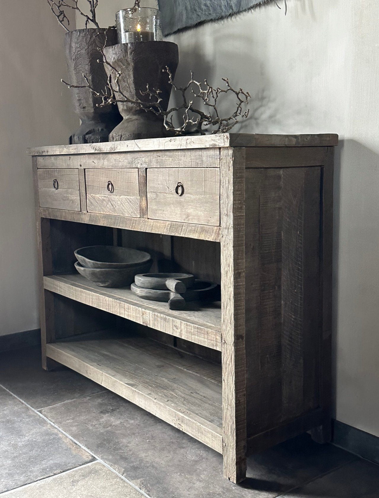 Sidetable Driftwood 3 lades, Huis en Inrichting, Tafels | Sidetables, 100 tot 150 cm, Nieuw, Ophalen of Verzenden, Landelijk, sober