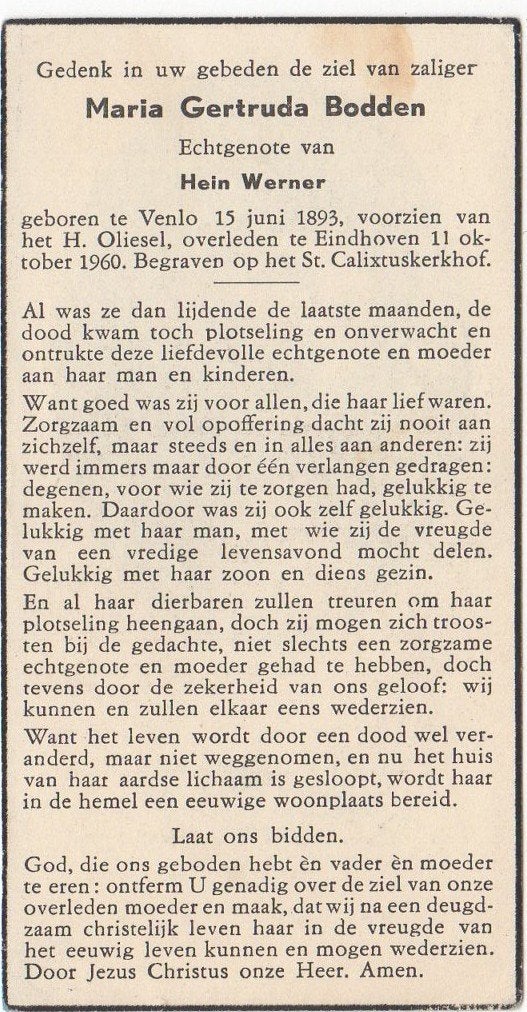 Maria G. Bodden 1893 Venlo + 1960 Eindhoven, 67 jaar oud, Verzamelen, Bidprentjes en Rouwkaarten, Verzenden