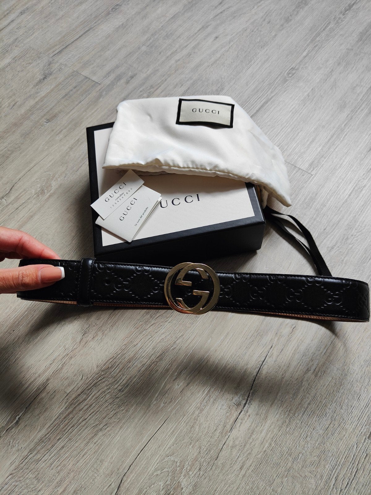 Gucci GG Supreme Riem Zwart Leer met Gouden Gesp, Kleding | Dames, 80 tot 90 cm, 3 tot 5 cm, Heupriem, Ophalen of Verzenden