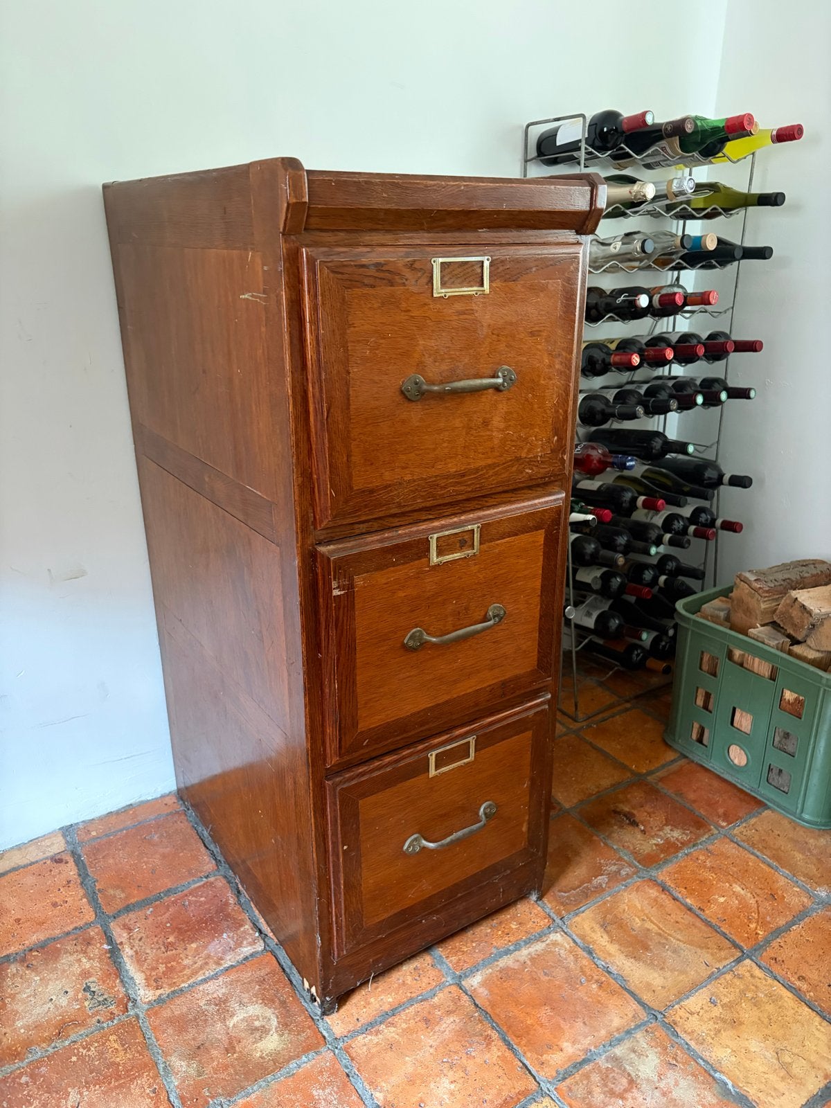 Vintage houten ladekast met 3 laden, Antiek en Kunst, Ophalen
