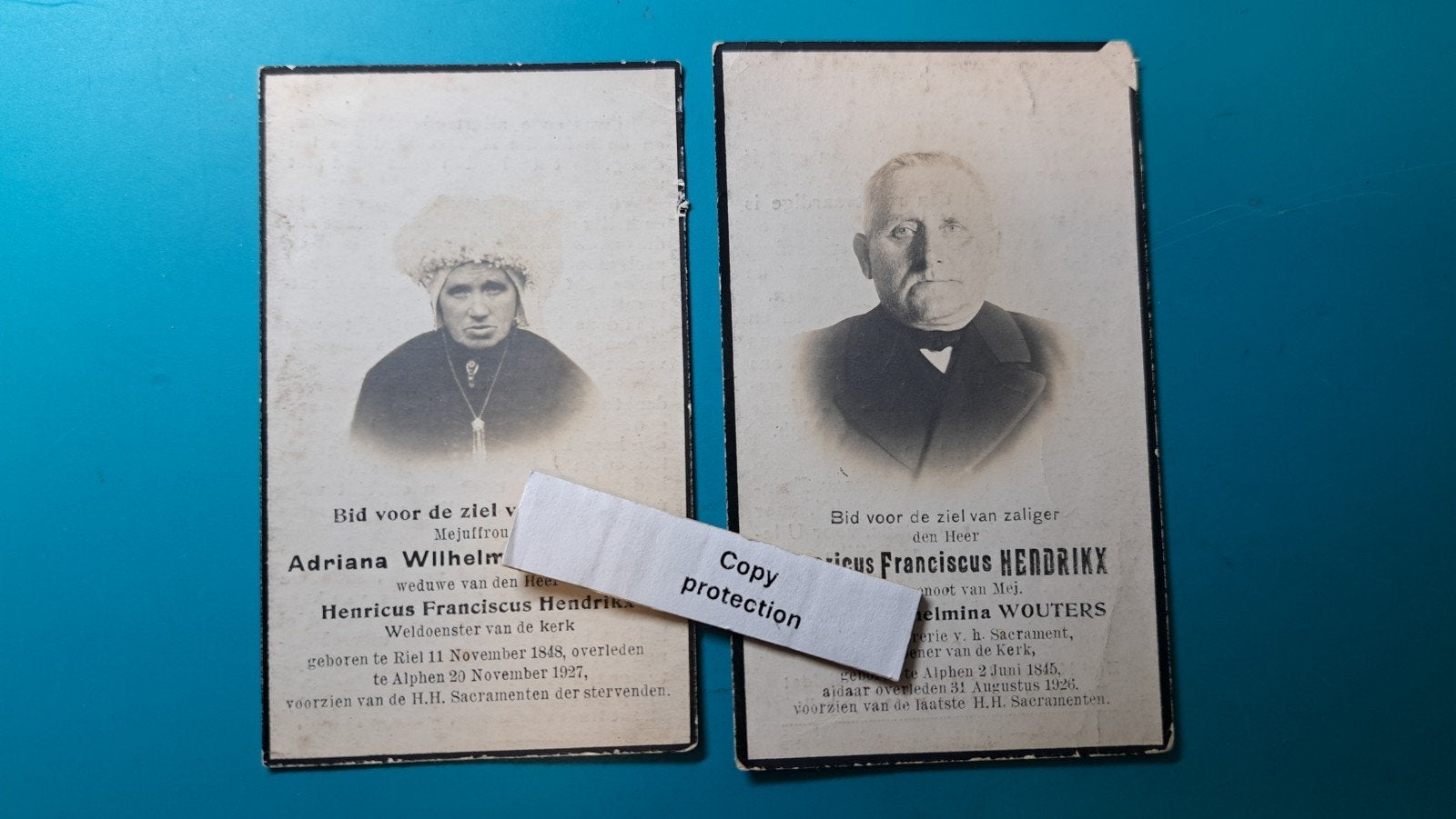 Wouters, Hendrikx, Riel, Alphen, echtpaar, poffer, foto, Verzenden, Bidprentje