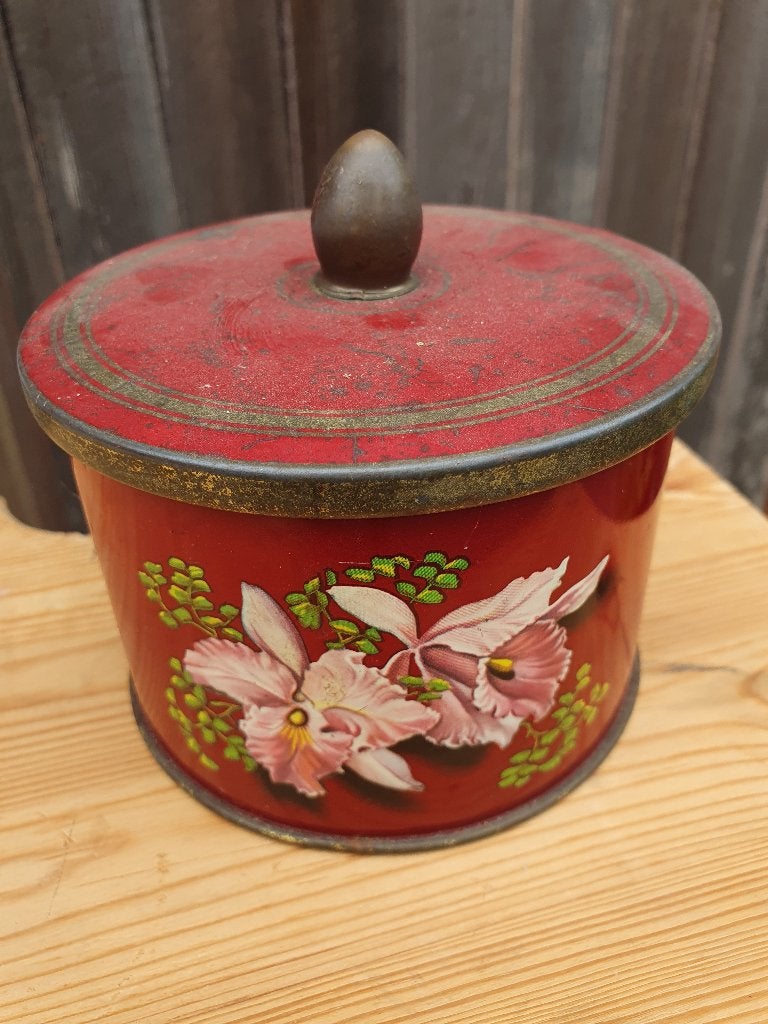 Rood antiek voorraadblik met bloemenprint, Antiek en Kunst, Ophalen of Verzenden