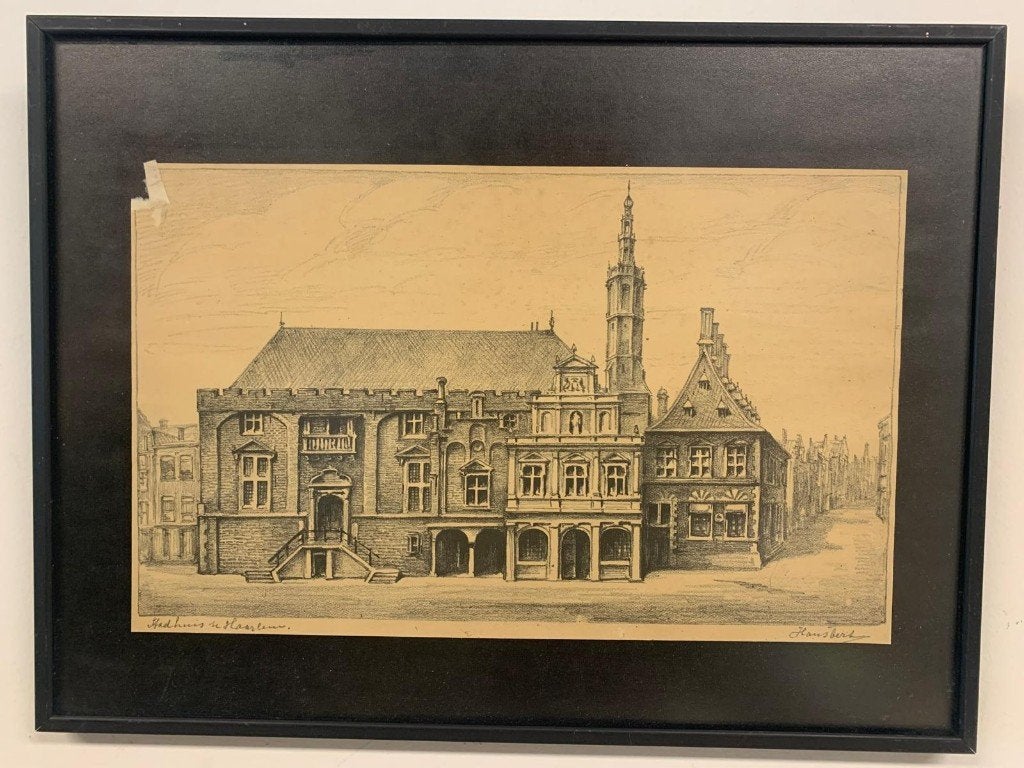 Tekening / Aquarel - Stadhuis Haarlem - Hansbert, Ophalen of Verzenden, 31 cm, 40 cm