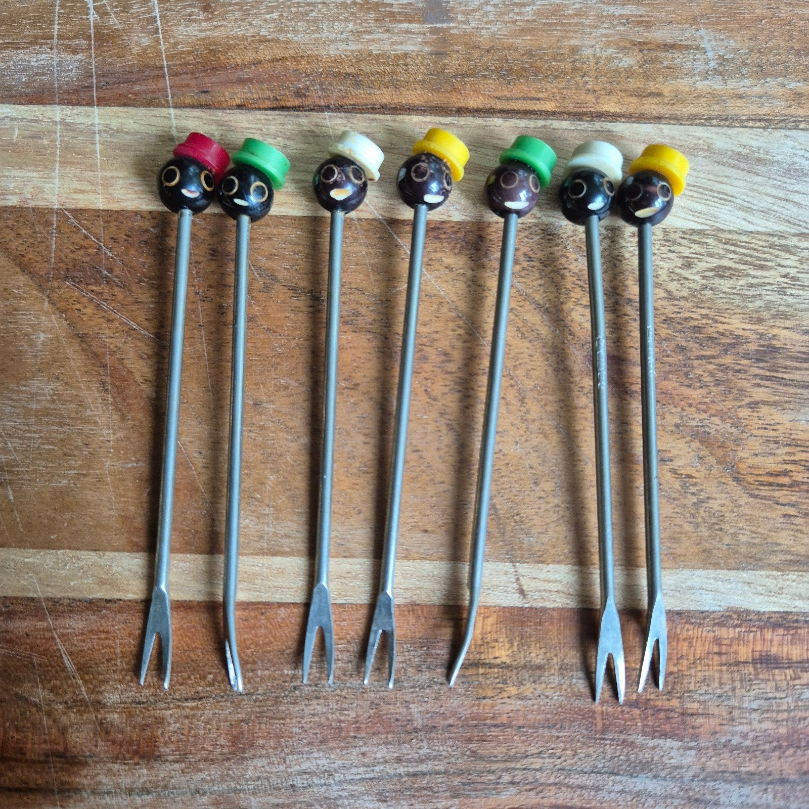 Vintage prikkers, coctailvorkjes,gezichtjes, Ophalen of Verzenden, Rvs of Chroom
