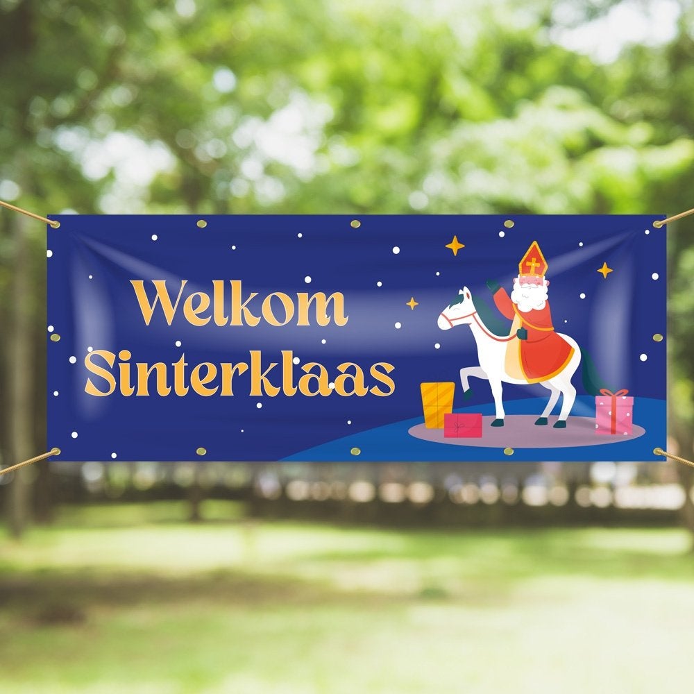Spandoek Welkom Sinterklaas – Sinterklaas op paard 200x75cm, Ophalen of Verzenden, Nieuw, Versiering, Kerst of Sinterklaas