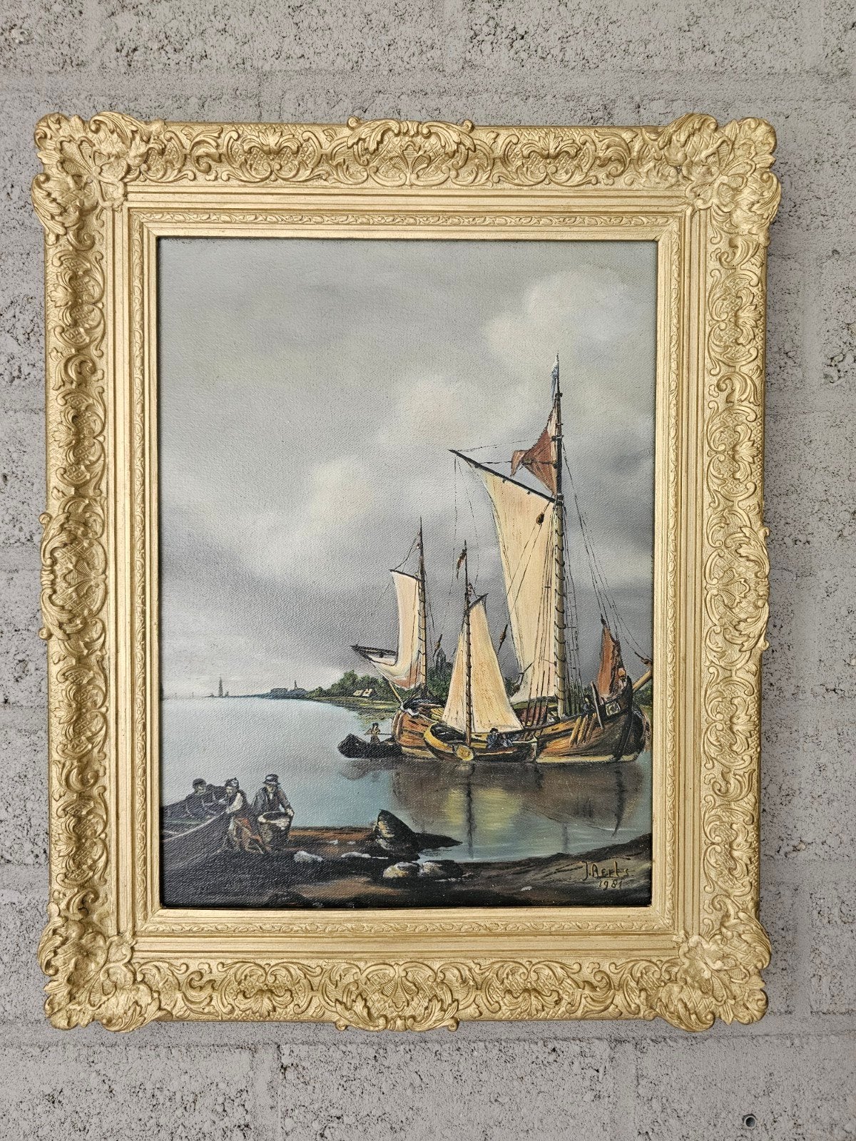 Schilderij Maritiem  met Schepen, gesigneerd J. Aert, Antiek en Kunst, Maritiem / water, Doek, Ophalen of Verzenden, Olieverf
