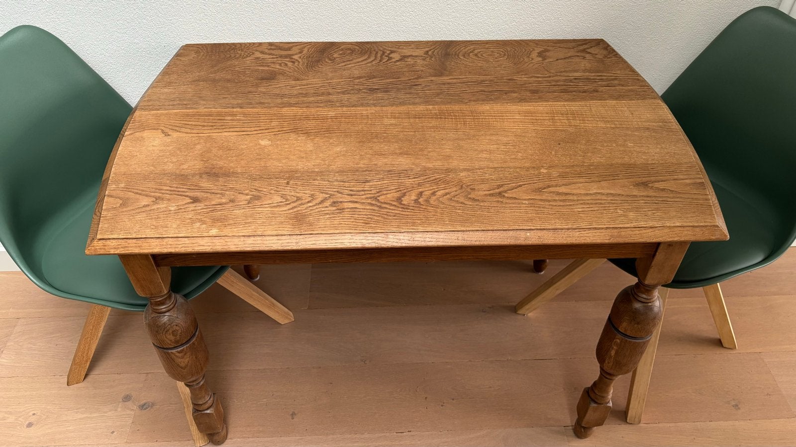 Massief eikenhouten tafel met gedraaide poten, Ophalen, Gebruikt, 100 tot 150 cm, Eikenhout