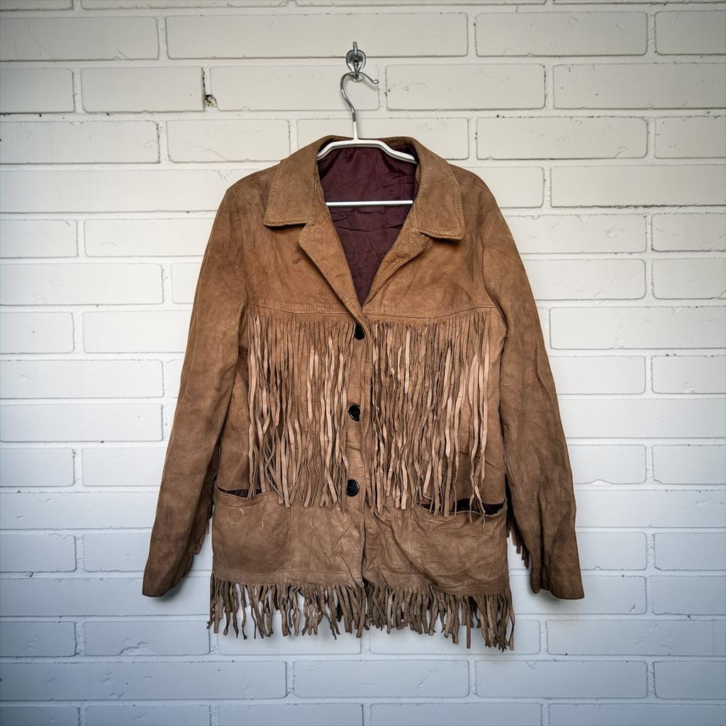 Vintage Jas Maat XL Bruin Leer Franjes Cowboy Style Unisex, Kleding | Dames, Jassen | Zomer, Gedragen, Maat 46/48 (XL) of groter