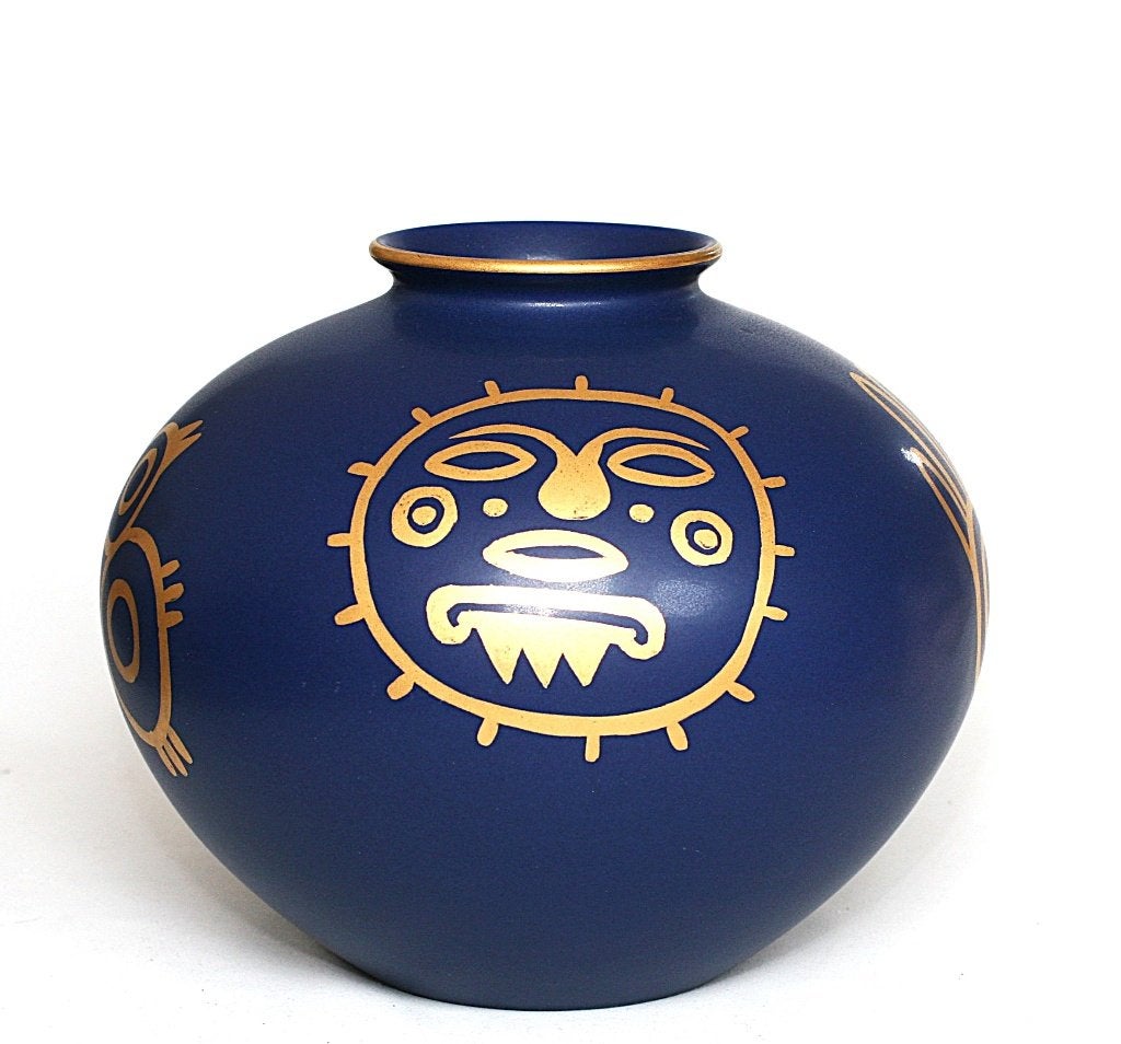 Grote Bol vaas Kobaltblauw met Gouden Decoratie Gemerkt HG, Huis en Inrichting, Woonaccessoires | Vazen, Handgemaakt, Blauw, 25 cm