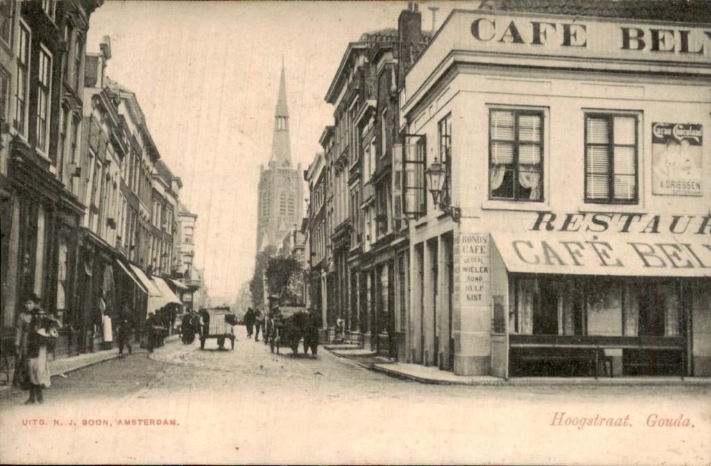 Gouda - Hoogstraat - Café Bel, Ophalen of Verzenden, Voor 1920, Ongelopen, Zuid-Holland