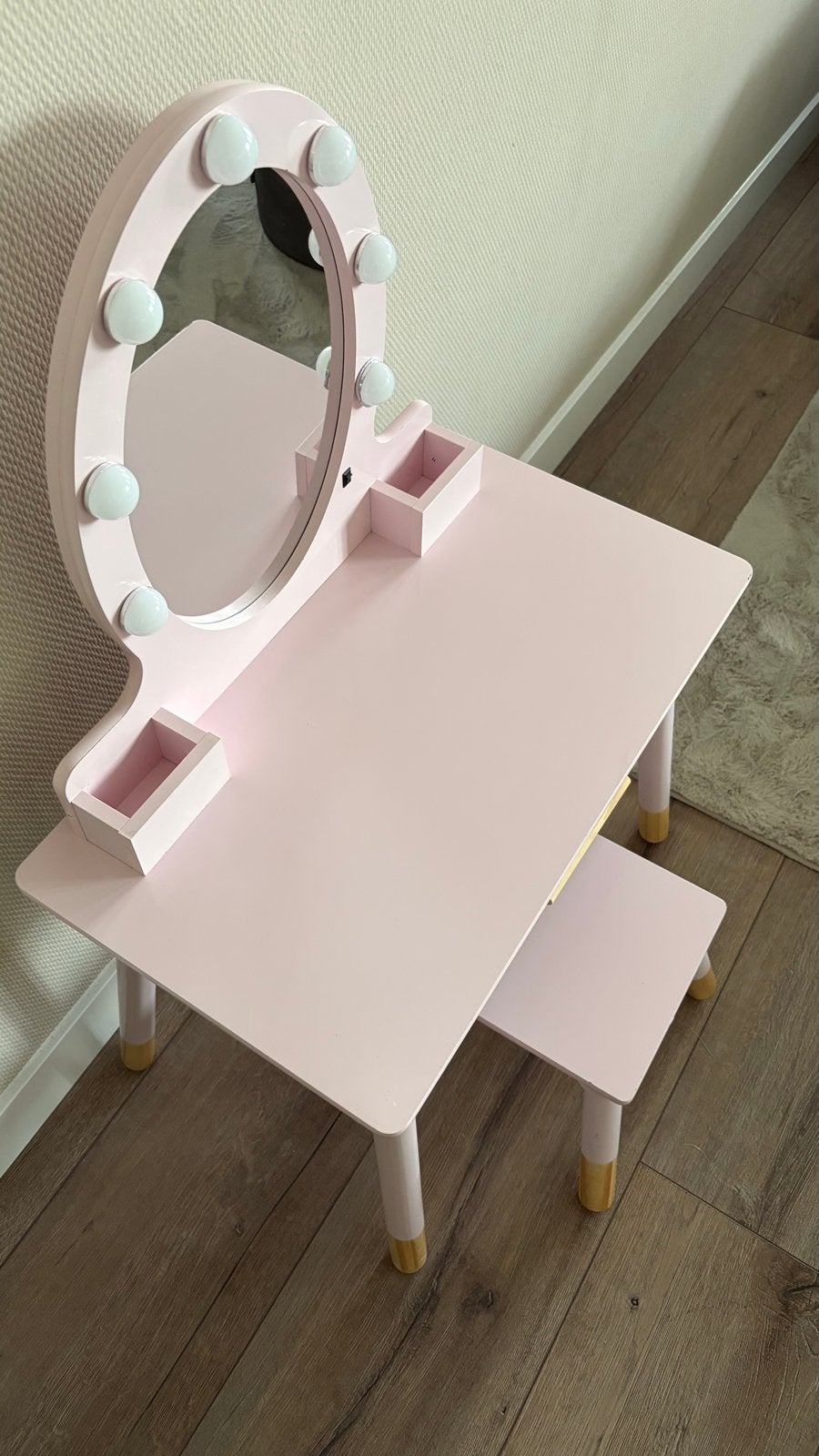Roze meisjes kaptafel met lade, stoeltje en verlichting, Huis en Inrichting, Ophalen, Minder dan 50 cm, Zo goed als nieuw, Minder dan 100 cm