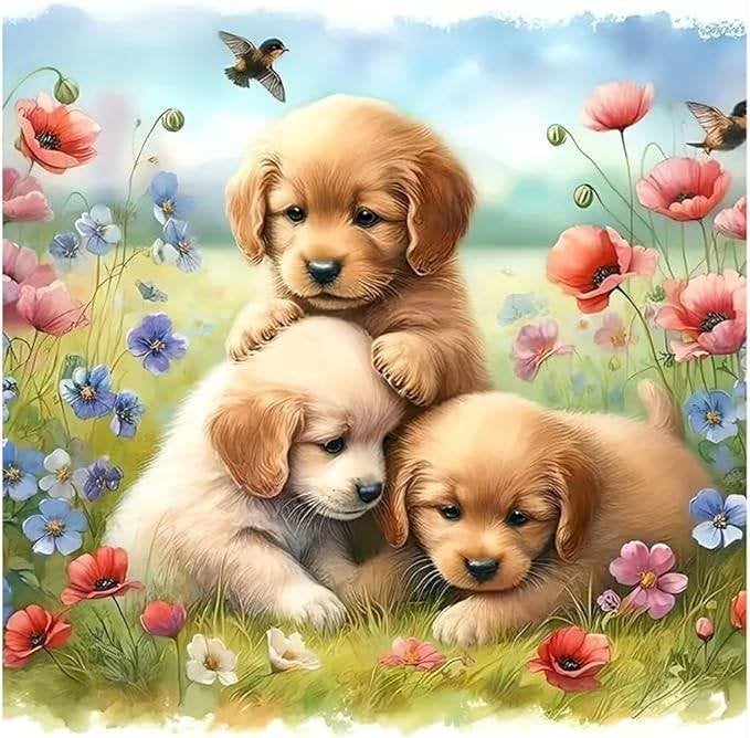 nr 2097 Diamond Painting puppy's bloemen 30x20cm (rond), Nieuw, Meerkleurig, Ophalen of Verzenden, Overige merken