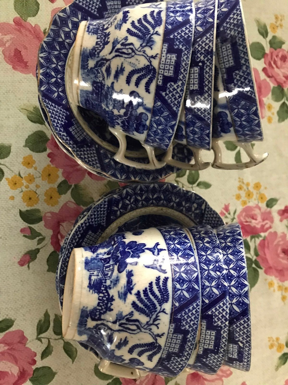 6 antieke kop en schotels. Old blue., Antiek en Kunst, Ophalen
