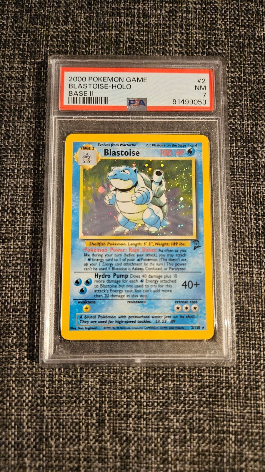 2000 Pokémon Base Set 2 Blastoise Holo PSA 7, Ophalen of Verzenden, Zo goed als nieuw, Losse kaart, Foil