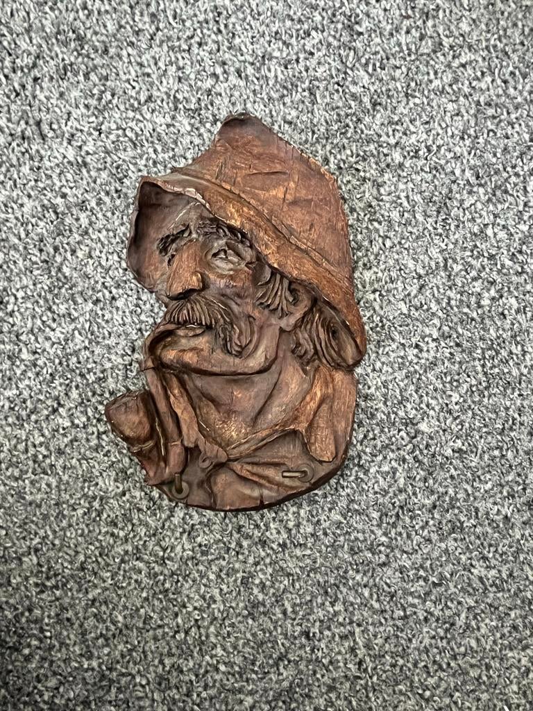 Vintage Houtsnijwerk: Oude Man met Pijp, Antiek en Kunst, Kunst | Beelden en Houtsnijwerken, Houtsnijwerk, Minder dan 20 cm, Ophalen of Verzenden