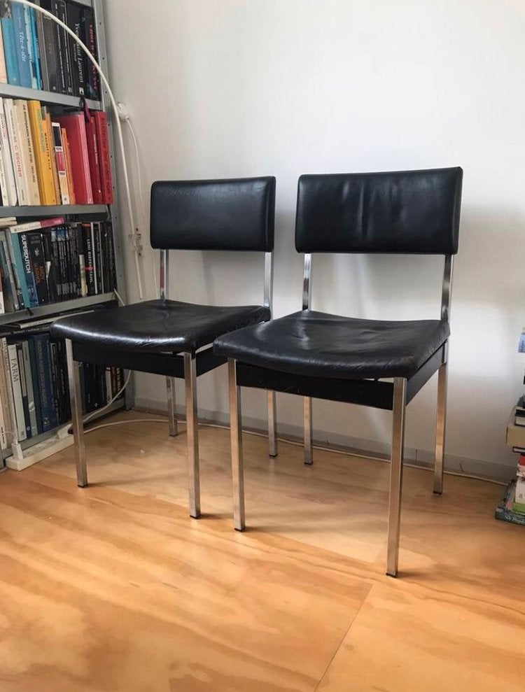 Vintage 2 minimalistische Pastoe stoelen - leer chroom, Ophalen
