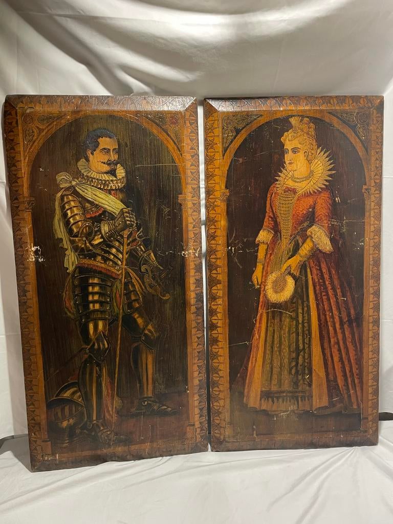 Zeldzame Antieke panelen: Ridder en Dame (set van 2), Ophalen of Verzenden
