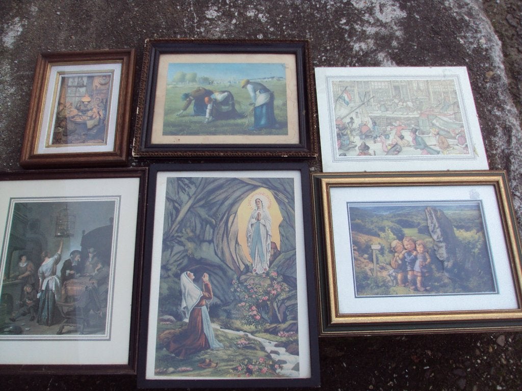 Set van 6 diverse ingelijste schilderijen/prints, Overig onderwerp, Papier/karton, Ophalen of Verzenden, Print