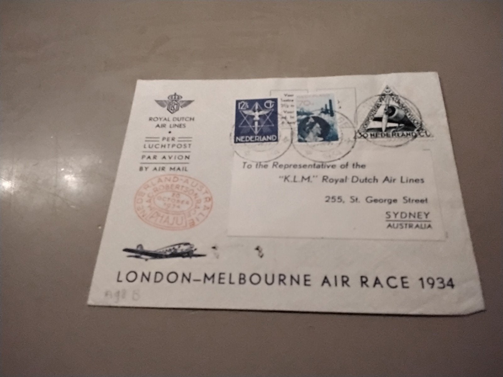 KLM UIVER MacRobertson Race 1934, Verzamelen, Verzenden, Kaart, Foto of Prent