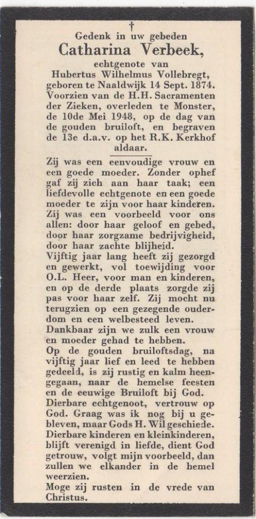 Catharina Verbeek 1874 Naaldwijk + 1948 Monster, 73 jaar, Verzamelen, Verzenden