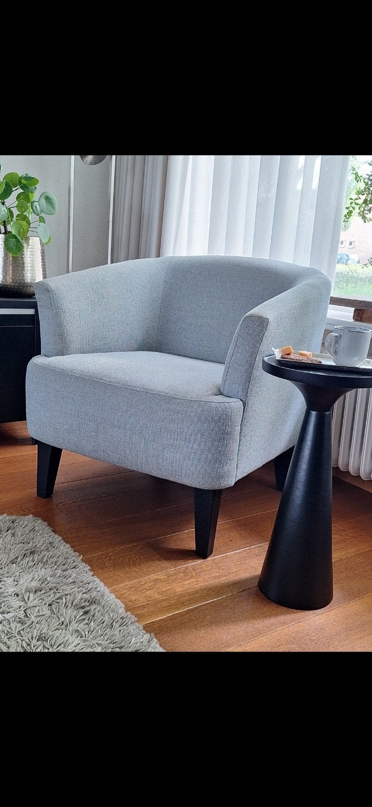 Stoffen fauteuil/ lichtblauw. Bieden, Ophalen, Gebruikt, 75 tot 100 cm, 75 tot 100 cm