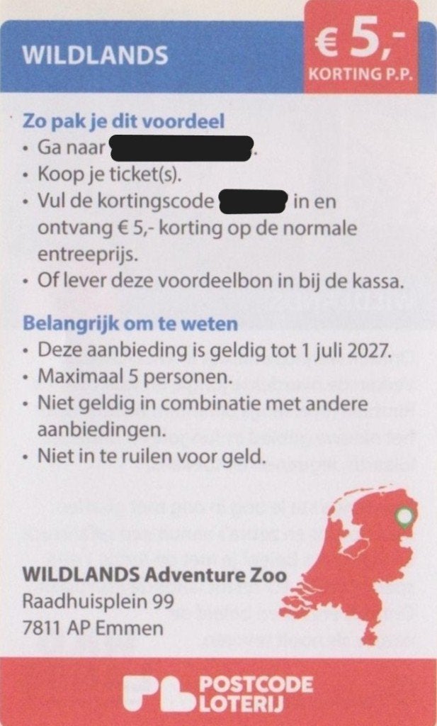 WILDLANDS Adventure Zoo Emmen €5,- korting pp. Postcodel bon, Tickets en Kaartjes, Drie personen of meer, Kortingskaart