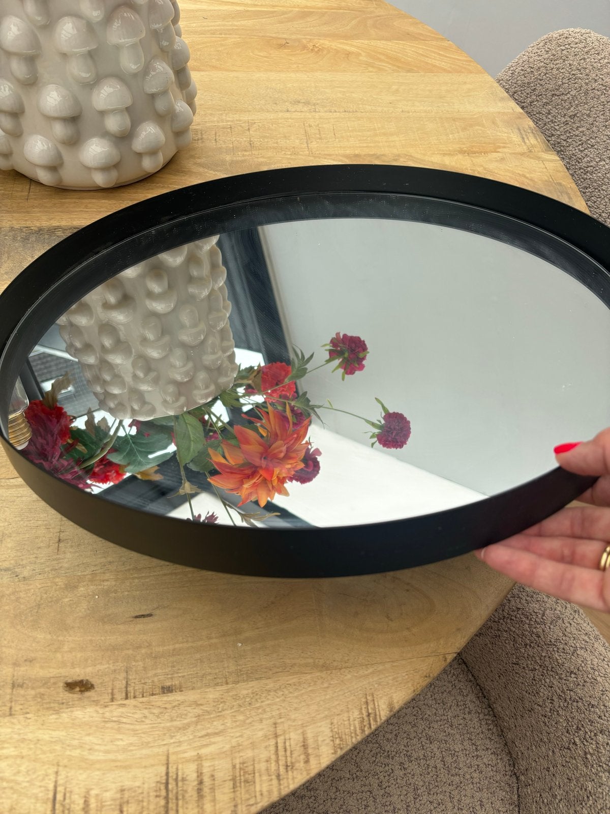 Decoratieve spiegel 48 cm - Zwart, rond, Huis en Inrichting, Woonaccessoires | Spiegels, Ophalen, Minder dan 50 cm, Rond, Zo goed als nieuw