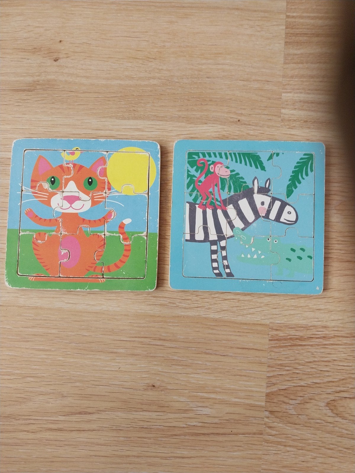 Houten puzzels: Kat en Zebra met aapje, Ophalen, 2 tot 4 jaar, Gebruikt, Van hout