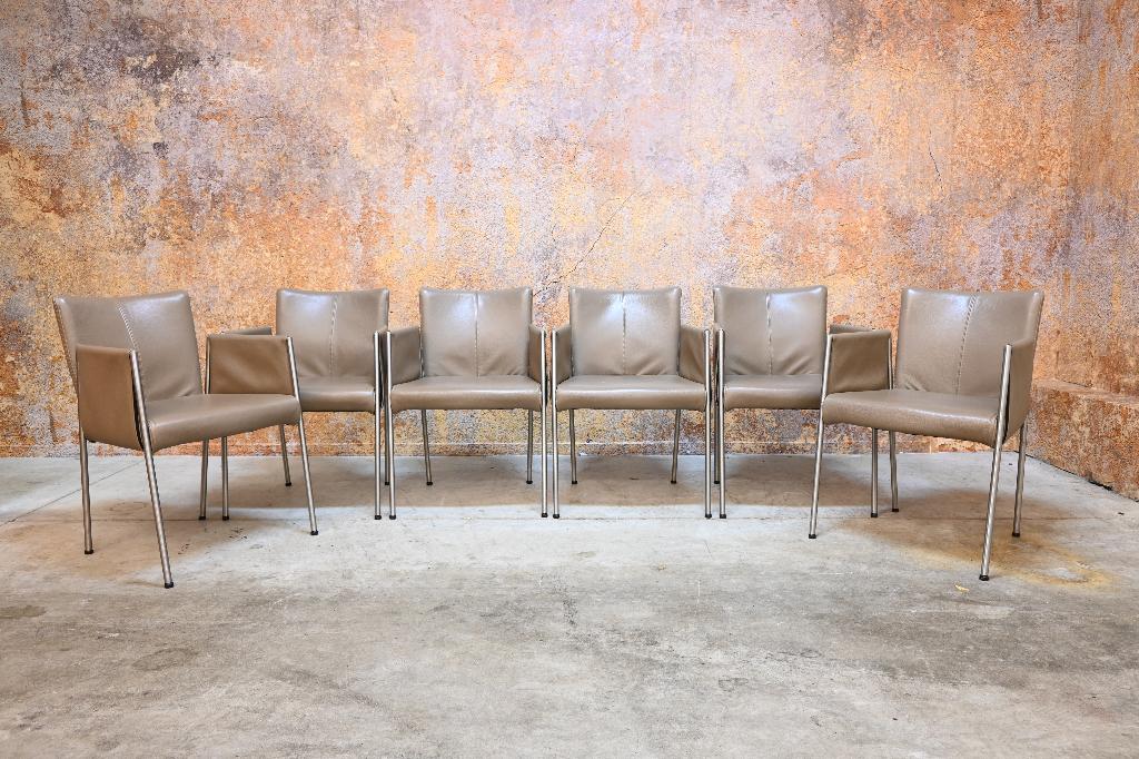 ZGANieuw 6 taupekleurige leren Topform Parc design stoelen, Overige kleuren, Ophalen of Verzenden, Zo goed als nieuw, Topform