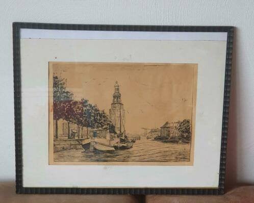 Oud Orig pen tekening Montelbaanstoren Amsterdam gesign J B., Ophalen
