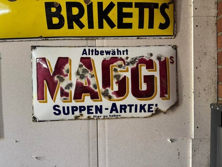 Vintage Maggi Emaille Reclamebord - Altbew?hrt Suppen-Artike, Ophalen