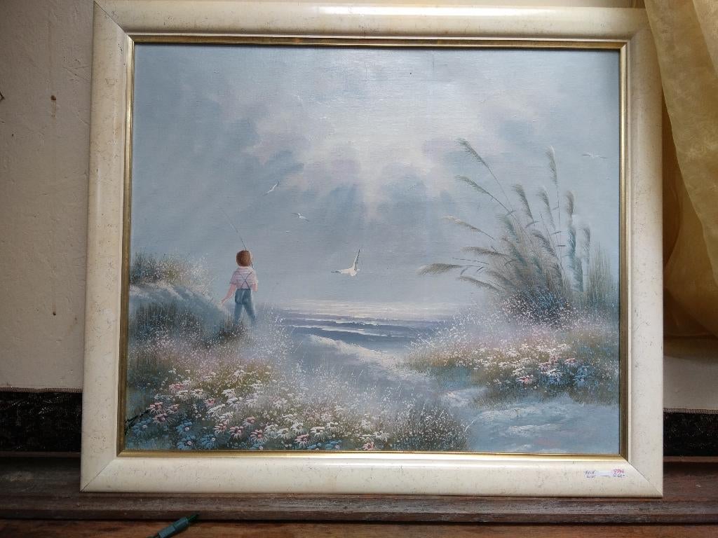 SCHILDERIJ (o.o.d.) 'aan 't strand' incl. lijst 68x 58 cm, Antiek en Kunst, Ophalen of Verzenden