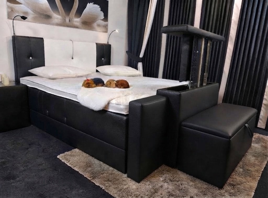 Luxe handgemaakte elektrische boxspring 200x200 met tv-lift, Luxe boxspring met voetbord met tv lift tot 55 inch, Meerkleurig