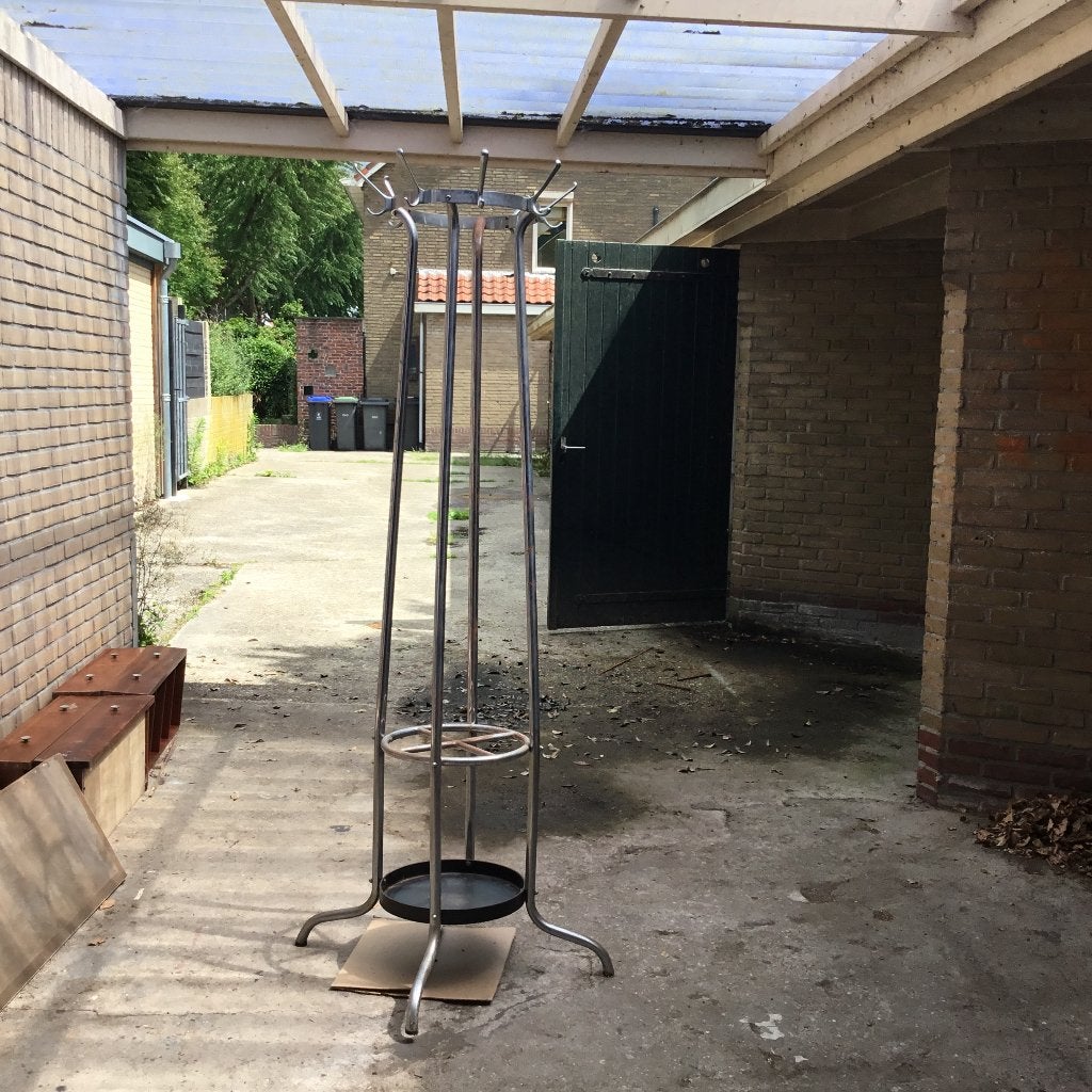 Verchroomde staande kapstok met haken en ronde voet, Ophalen, Gebruikt, Metaal, Staande kapstok