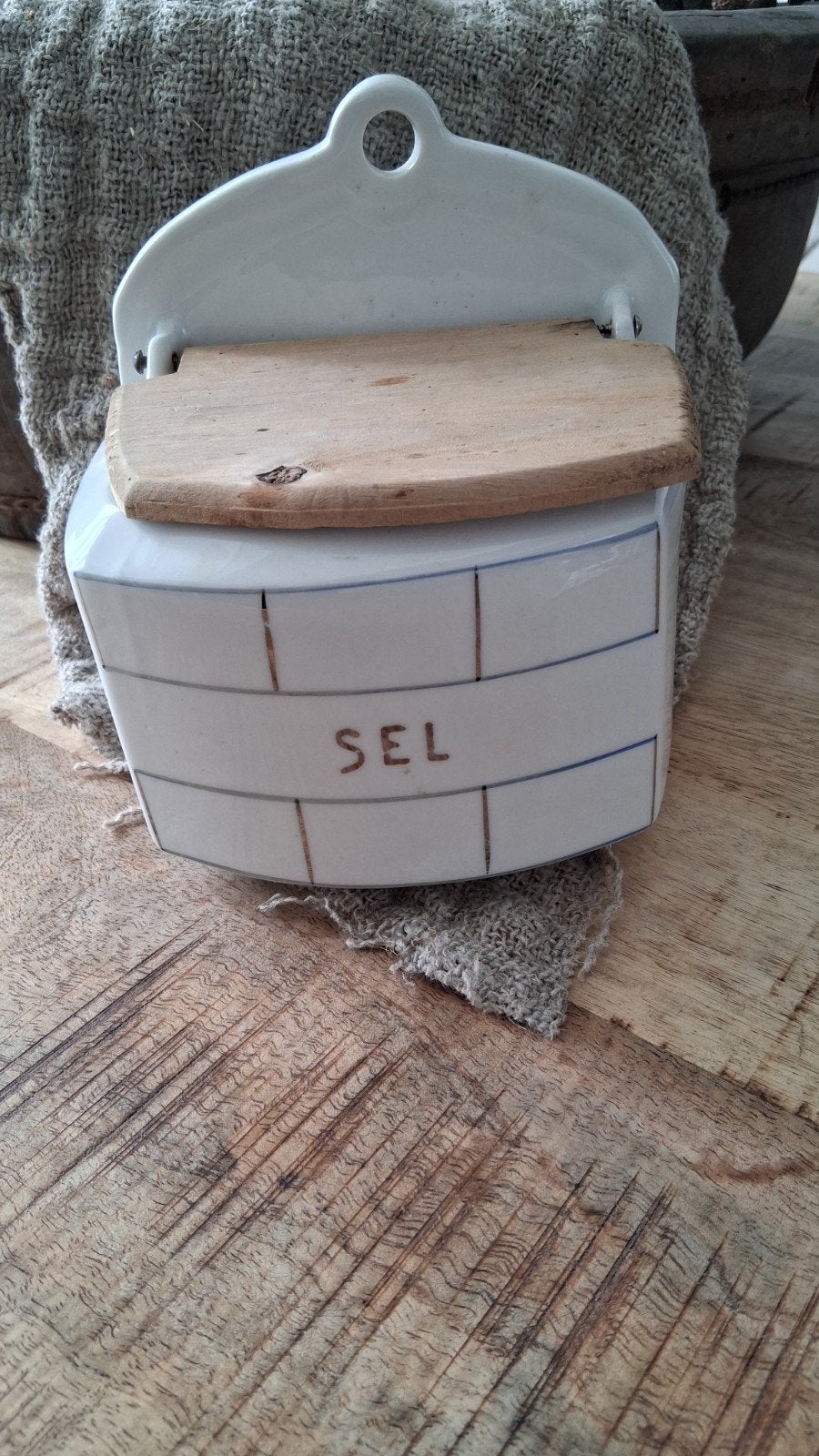 Vintage keramische zoutpot met houten deksel - 'SEL', Ophalen of Verzenden