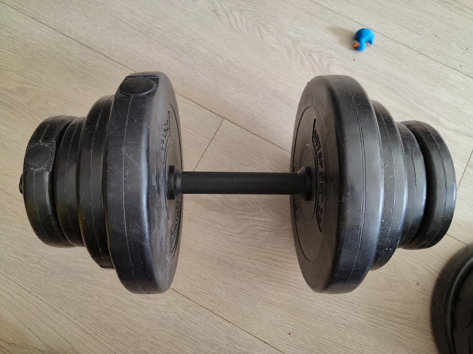 Dumbbellset met halterschijven en weerstandsbanden, Sport en Fitness, Fitnessmaterialen, Ophalen, Gebruikt, Benen, Dumbbell