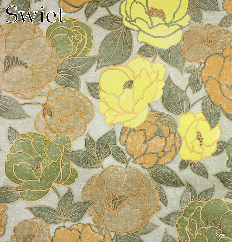 6590 gele bloemen vintage wallpaper groen oranje retro swiet, Verzenden, Bruin