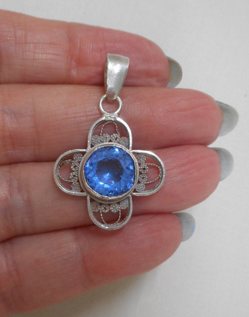 Zilveren antieke hanger met blauwe steen nr.450, Sieraden, Tassen en Uiterlijk, Antieke sieraden, Verzenden, Zilver, Hanger