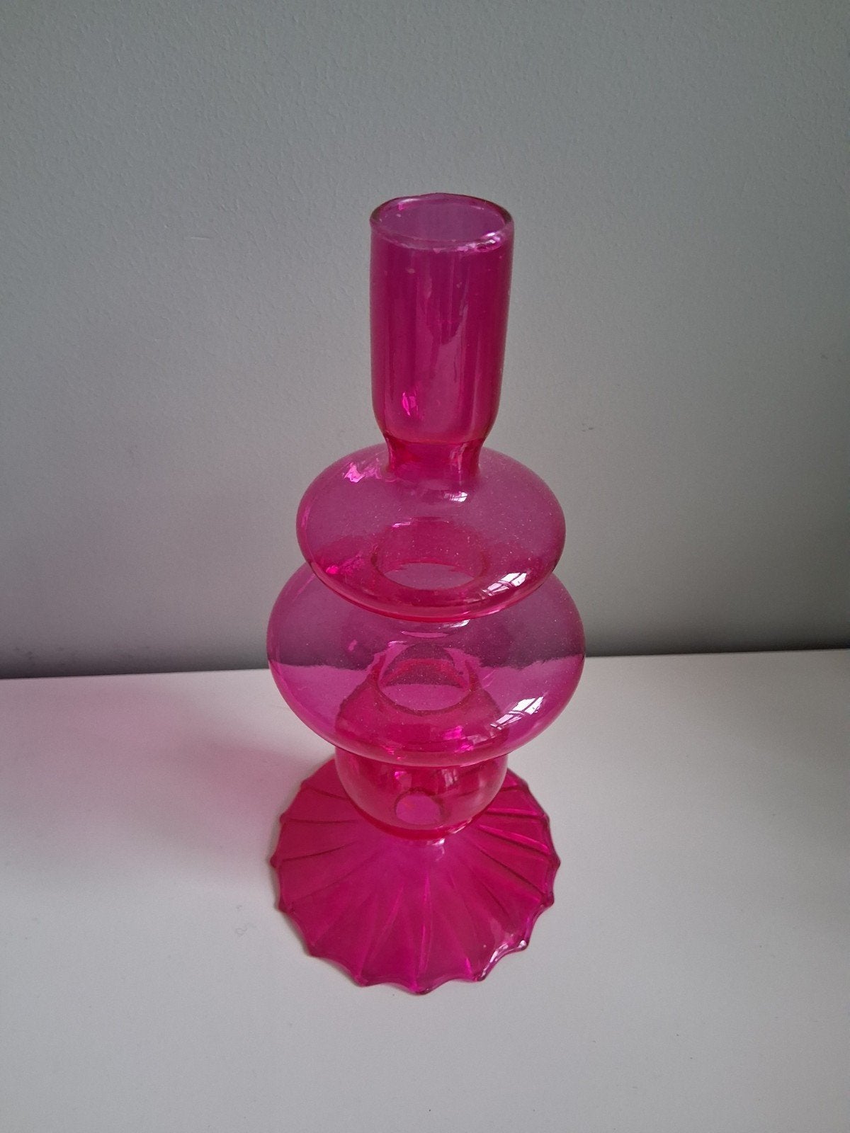 Roze glazen kandelaar - 20 cm hoog, Ophalen