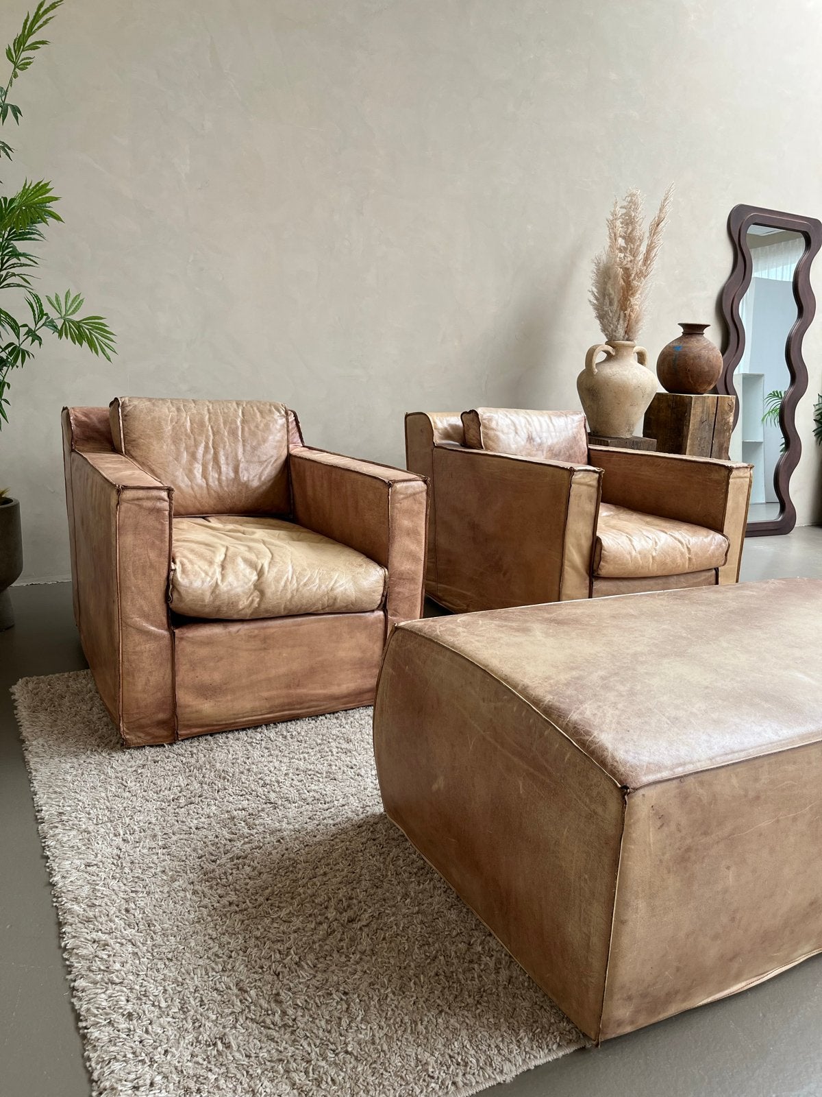 Leren fauteuils en poef | merk: Lifestyle, Huis en Inrichting, Fauteuils, Ophalen, Gebruikt, 100 tot 125 cm, Leer
